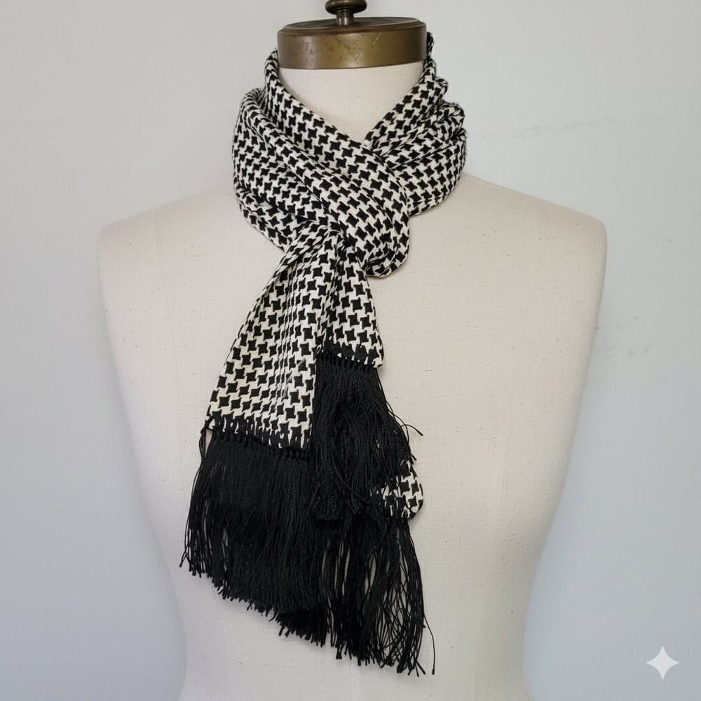 Shady Character NYC 52"x9.5" Scarf Houndstooth Vintage Ribbon Woven Black White